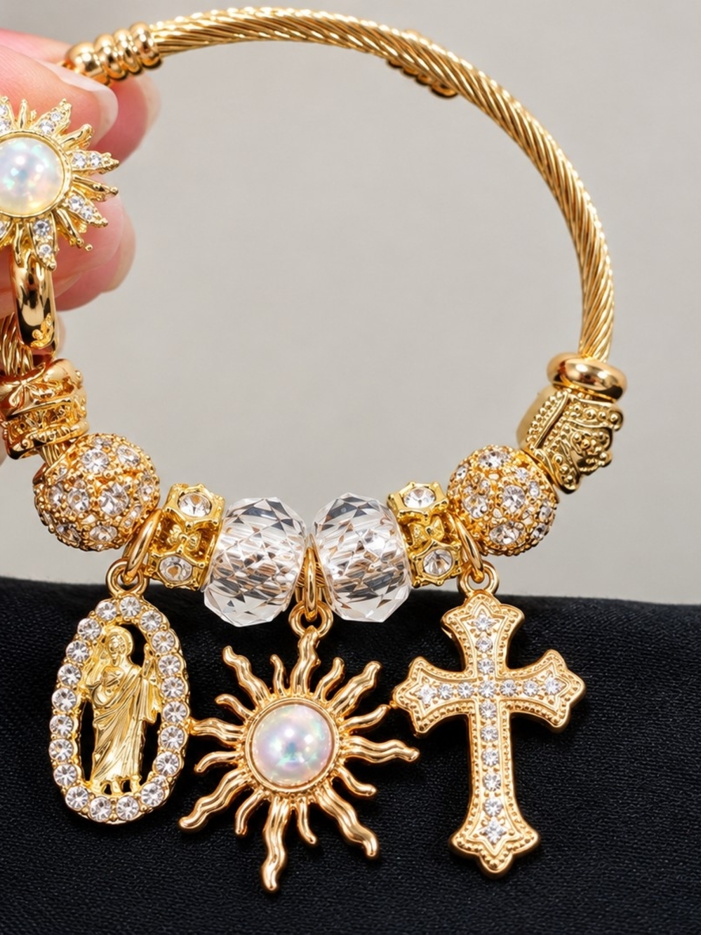 Gold Sun, Cross & Madonna Charm Bracelet - Gold